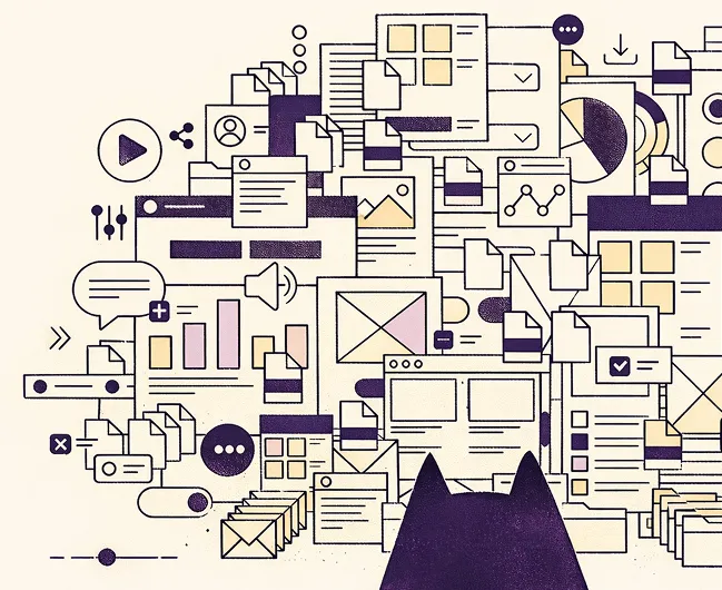 Wimmeldbild mit vielen Icons wie z.B. PDFs, Diagramme, Lupe, Hand