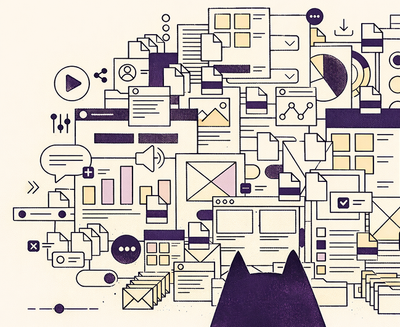 Wimmeldbild mit vielen Icons wie z.B. PDFs, Diagramme, Lupe, Hand